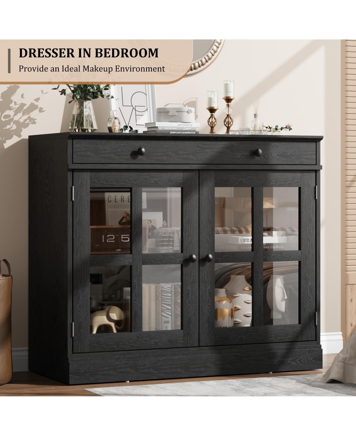 homfan 35.4 Inch Modern Sideboard Buffet with Glass Door and Drawer, Storage Cabinet for Kitchen Dining Room