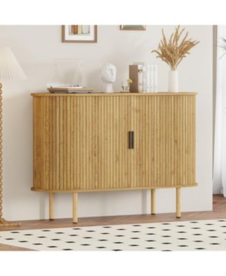 47 Inch Modern Fluted Wooden Console, Sideboard Buffet with Sliding Doors and Adjustable Shelves for Freestanding Home Storage