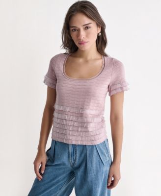 Women's Pointelle Ruffle Short-Sleeve Sweater