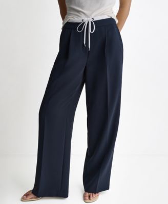 Women's Wide-Leg Contrast Waist Pleated Front Pants