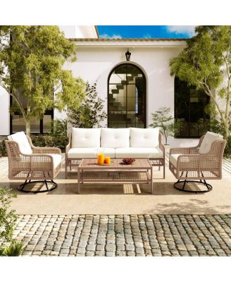 4-Piece Outdoor Conversation Set, Modular PE Wicker Couch with Wood Coffee Table