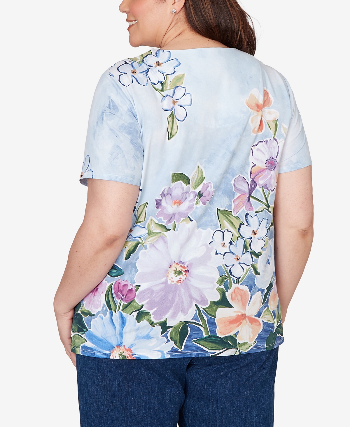 Alfred Dunner Plus Size Artisan Floral Split Neck T-Shirt