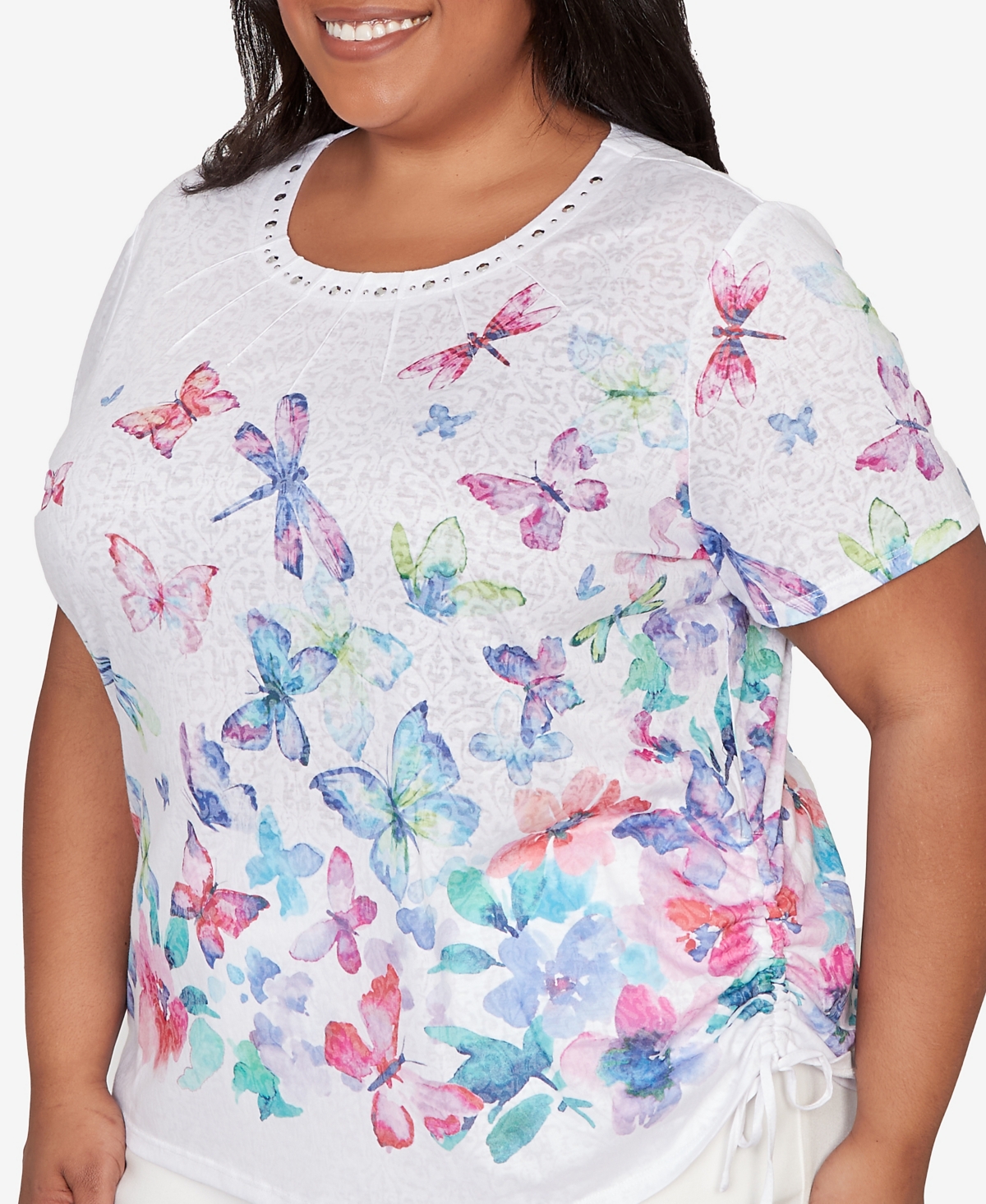 Alfred Dunner Plus Butterfly Beaded Side Tie Ruched T-Shirt