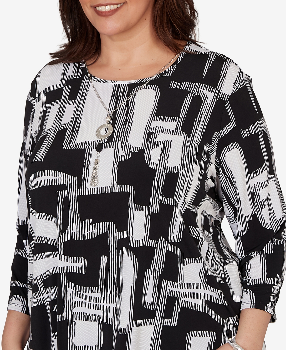 Alfred Dunner Plus Geo Boxes Puff Printed Top with Necklace