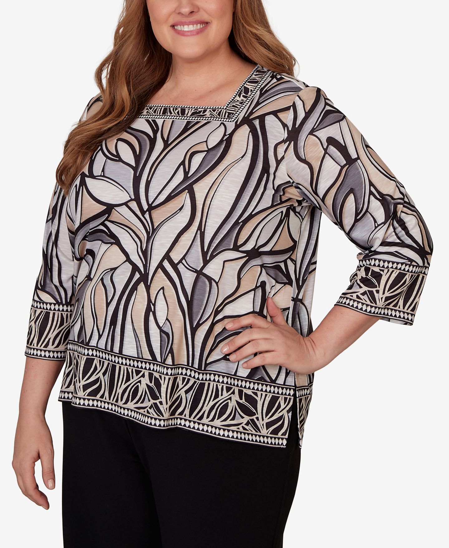 Женский топ Alfred Dunner Plus Size Stained Glass Border Trim, цвет: Рыжевато-коричневый / Чёрный — фото 2