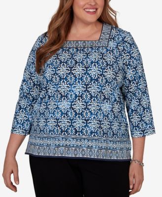 Plus Size Batik Tile Square Neck Top