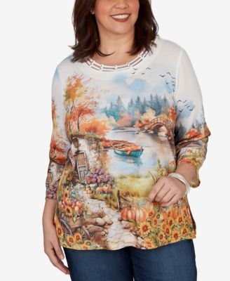 Plus Size Autumn Lake Scenic Print Top
