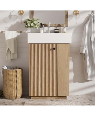 21.6" Rustic MDF Bathroom Vanity With Ceramic Sink, left Door Shelves, Soft-Close Overflow Storage