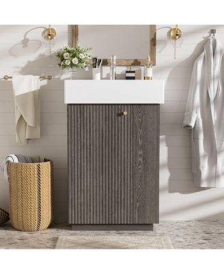 21.6" Rustic MDF Bathroom Vanity With Ceramic Sink, left Door Shelves, Soft-Close Overflow Storage