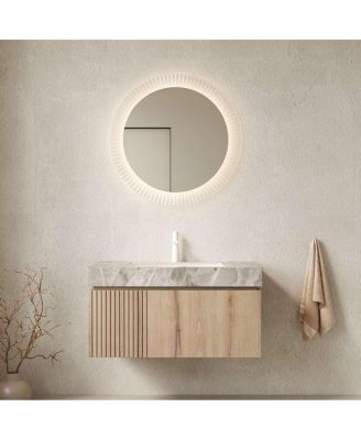 36" Floating Bathroom Vanity, Travertine Sintered Stone Top, 1 Drawer 2 Doors Ceramic Sink