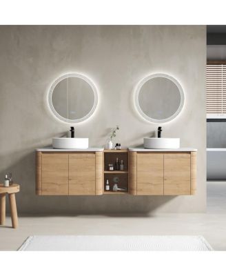 71 Inch Wall Mounted Double Bathroom Vanity with Stone Countertop, Ceramic Vessel Sinks, Storage Shelves for Modern Homes
