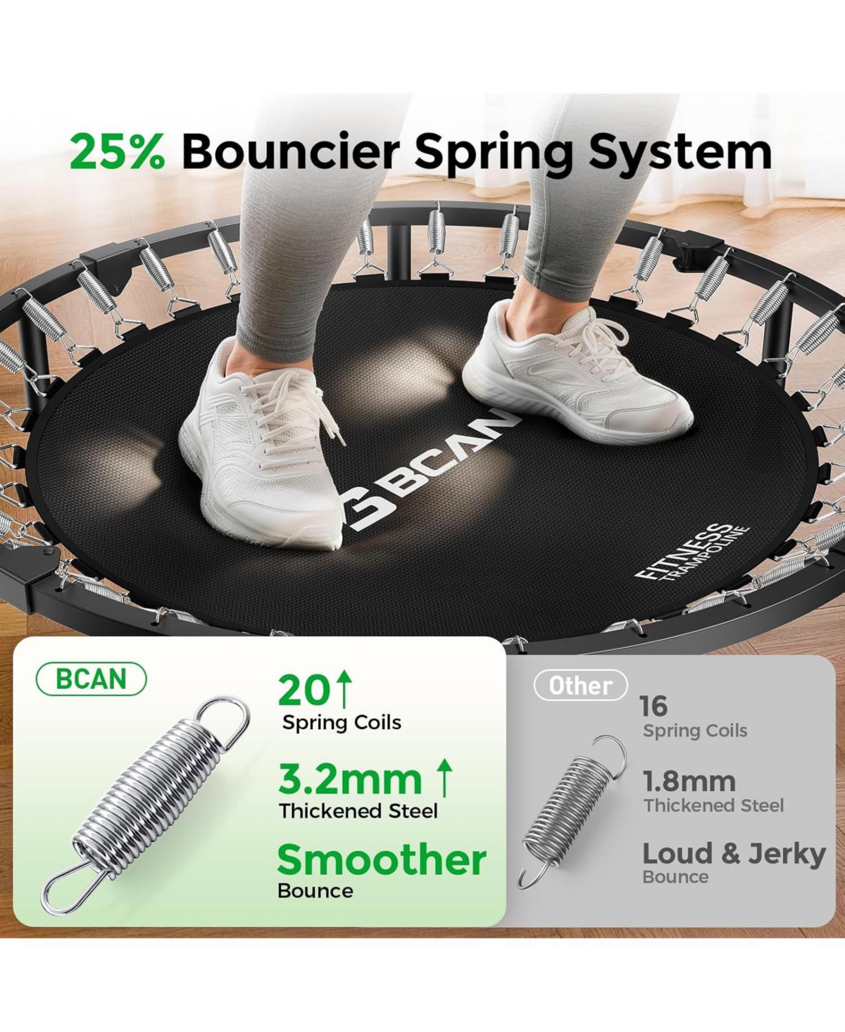 Bcan SP3 Foldable Mini Rebounder Trampoline with Adjustable T Shape Foam Handrail 48 Inch Indoor Garden Workout Trampoline for Adults 440LBS