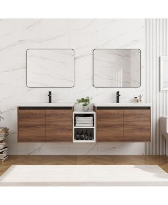71 Inch Wall Mounted Double Bathroom Vanity with Dual Resin Sinks and Open Storage Shelves for Modern Master Bath