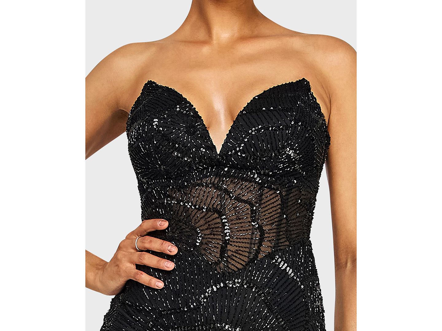 Женское платье Alex & Sophia Juniors' Strapless V-Neck Sequin Beaded Mini Dress with Illusion Corset, цвет: Чёрный — фото 3