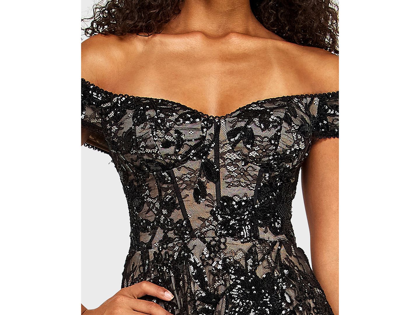 Женское платье Alex & Sophia Juniors' Off-The-Shoulder Lace Sequin Corseted, цвет: Чёрный — фото 4