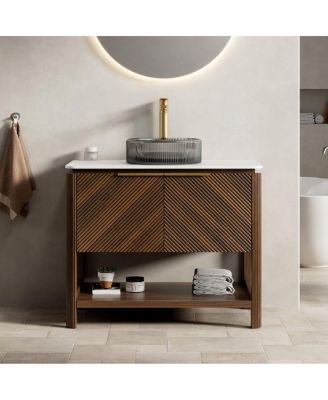 Modern Bathroom Vanity with Vessel Sink, Sintered Stone Countertop, Soft Close Solid Wood 3D Doors, Open Shelf Storage