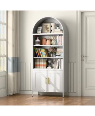 Arched Bookcase Cabinet with Glass Doors, Modern Farmhouse Display Shelf and Open Storage Hutch