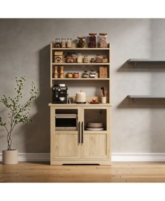 Farmhouse Baker's Rack with Charging Station, Engineered Wood Microwave Storage Hutch with Glass Cabinet, Space-Saving Easy Assembly Organizer