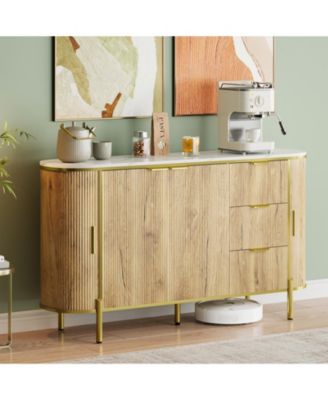 63.66 Inch Sideboard with 4 Wave-Textured Doors, 3 Fabric Pull Drawers, Raised Metal Legs, Wine Storage, Rounded Edges