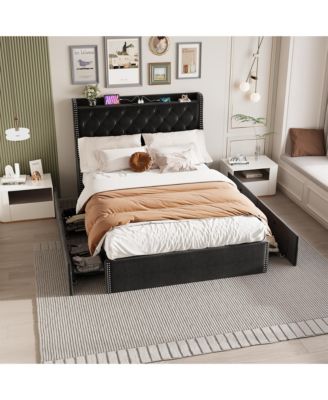 Wingback Tufted Upholstered Bed with Storage Drawers, Built-in Charging Station, Wood Slat Support, No Box Spring Needed, Easy Assembly