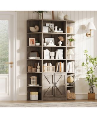 Furniture 6-Tier Wooden Storage Bookcase with Cabinet and Doors, Modern 75 Inch Tall Display Organizer for Activity Room, Living Room and Home