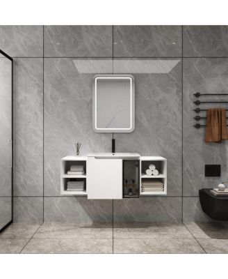 Wall Mounted Bathroom Vanity with Ceramic Sink, Modern Floating Plywood Cabinet, Glass Door Storage for Large Bathrooms