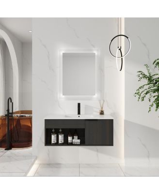 Wall Mounted Bathroom Vanity with Ceramic Sink, Soft Close Door, Open Shelf Storage, Modern Design for Small Spaces