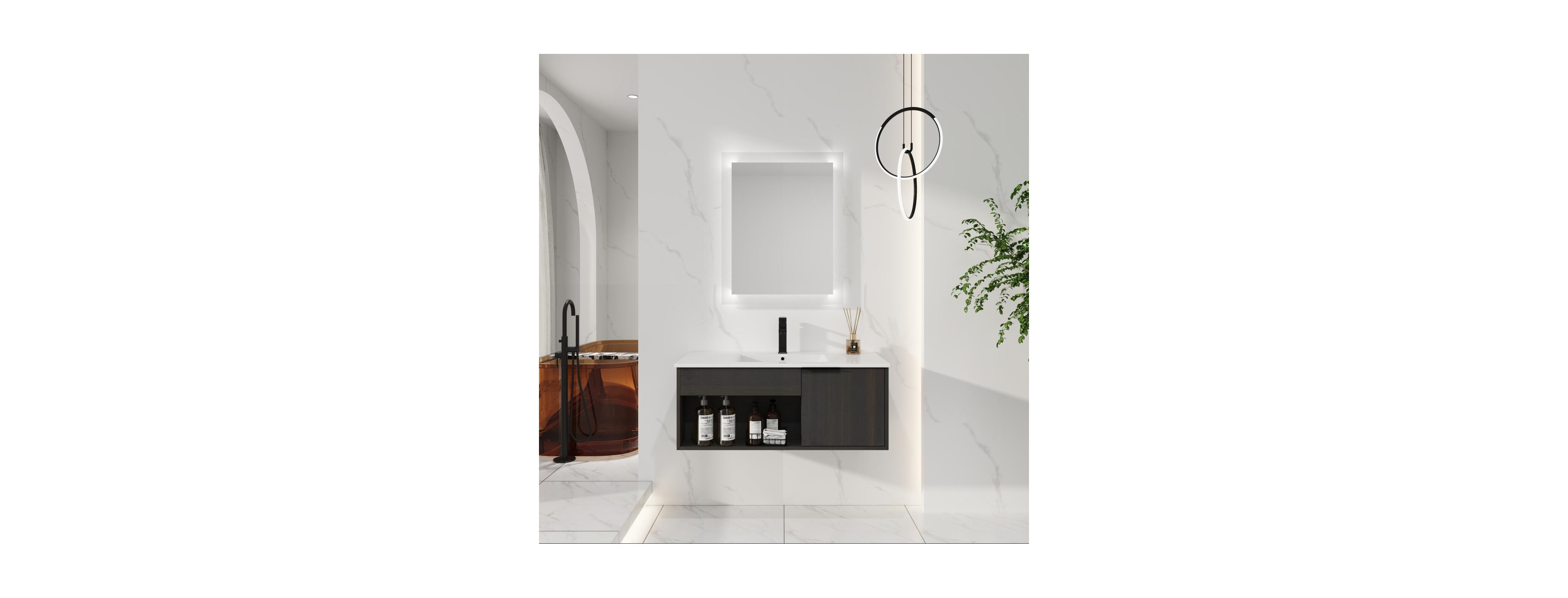 Sillysis Wall Mounted Bathroom Vanity with Ceramic Sink, Soft Close Door, Open Shelf Storage