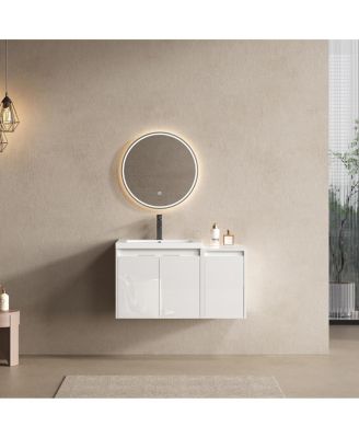 35.4 Inch Wall Mounted Bathroom Vanity with Resin Sink, Soft Close Doors, Water-Resistant Cabinet, Side Storage