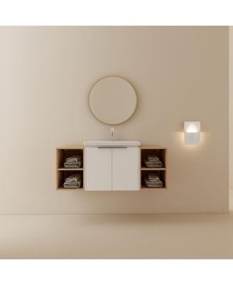48 Inch Wall Mounted Bathroom Vanity with Ceramic Sink, Storage Shelves, Soft Close Doors, Modern Floating Cabinet