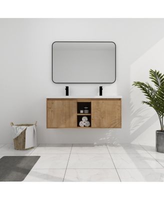 48 Inch Wall Mounted Double Sink Bathroom Vanity with Resin Basin, Soft Close Doors, Open Storage, Modern Floating Cabinet