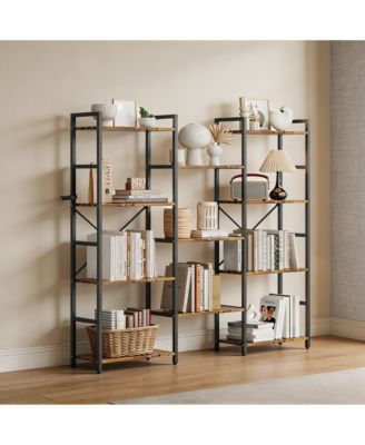 Triple 4-Tier Open Bookshelf, Industrial Iron Frame Wooden Storage Rack, Multi-Scene Easy-Assembly Home and Office Display Organizer