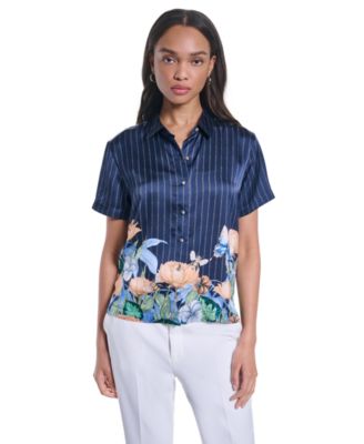 Petite Striped Floral Printed Button-Up Blouse