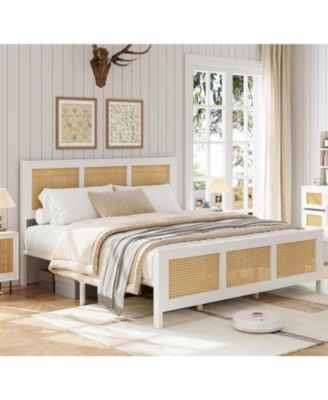 Rattan Platform Bed with Headboard, Metal Slats