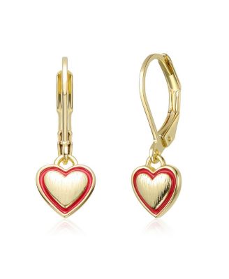 Charming 14K Gold Plated Red Enamel Heart Dangle Earrings