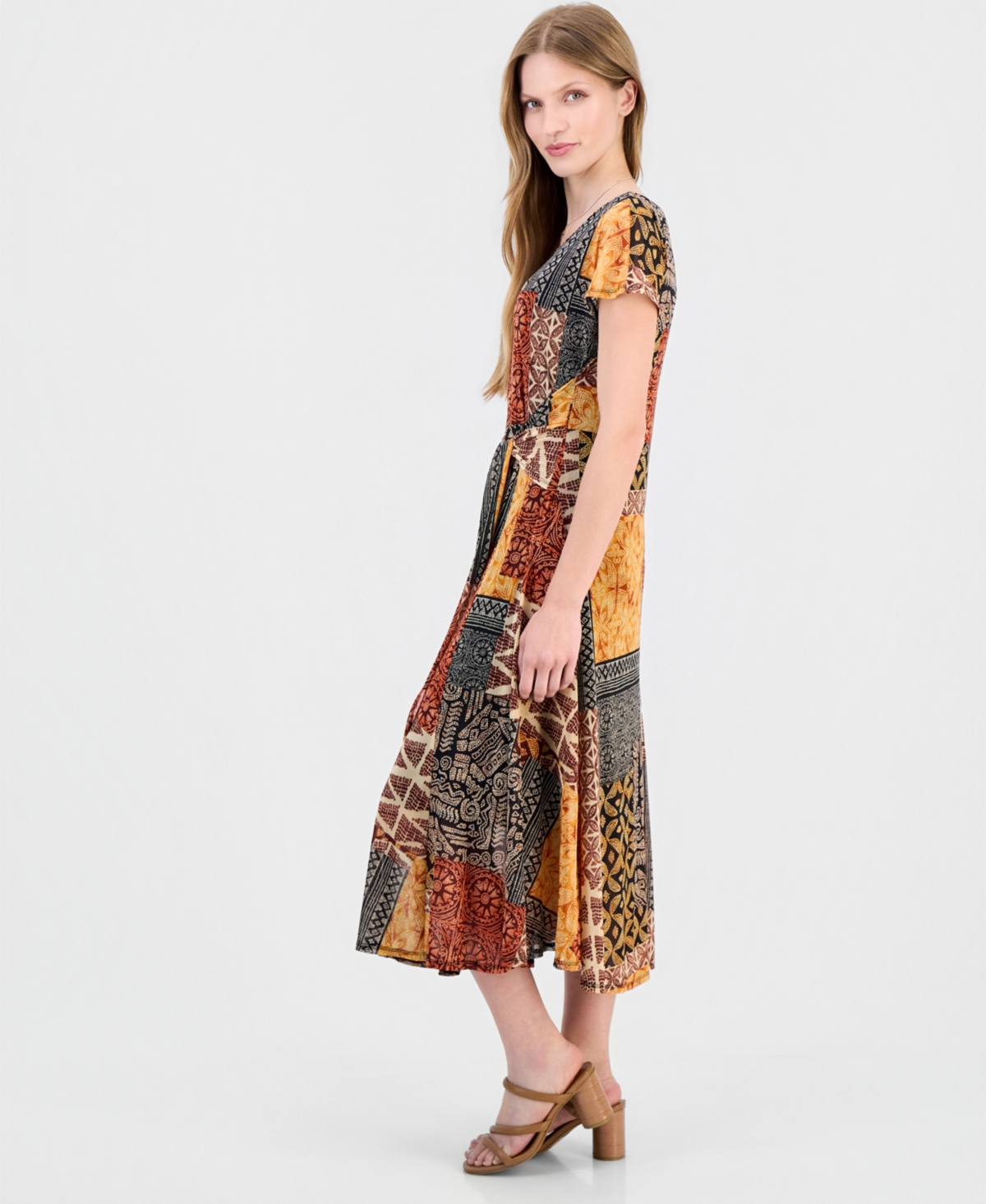 Robbie Bee Women's Printed Extended-Sleeve Tie-Waist Dress