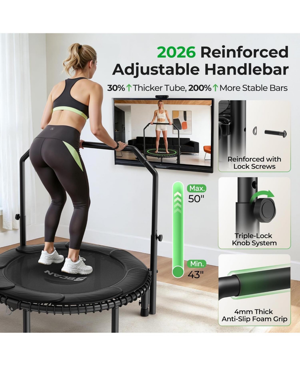 Bcan 2026 Upgraded Mini Rebounder Trampoline for Adults with Bar, Fitness Trampoline with Bungees, Adjustable Handle