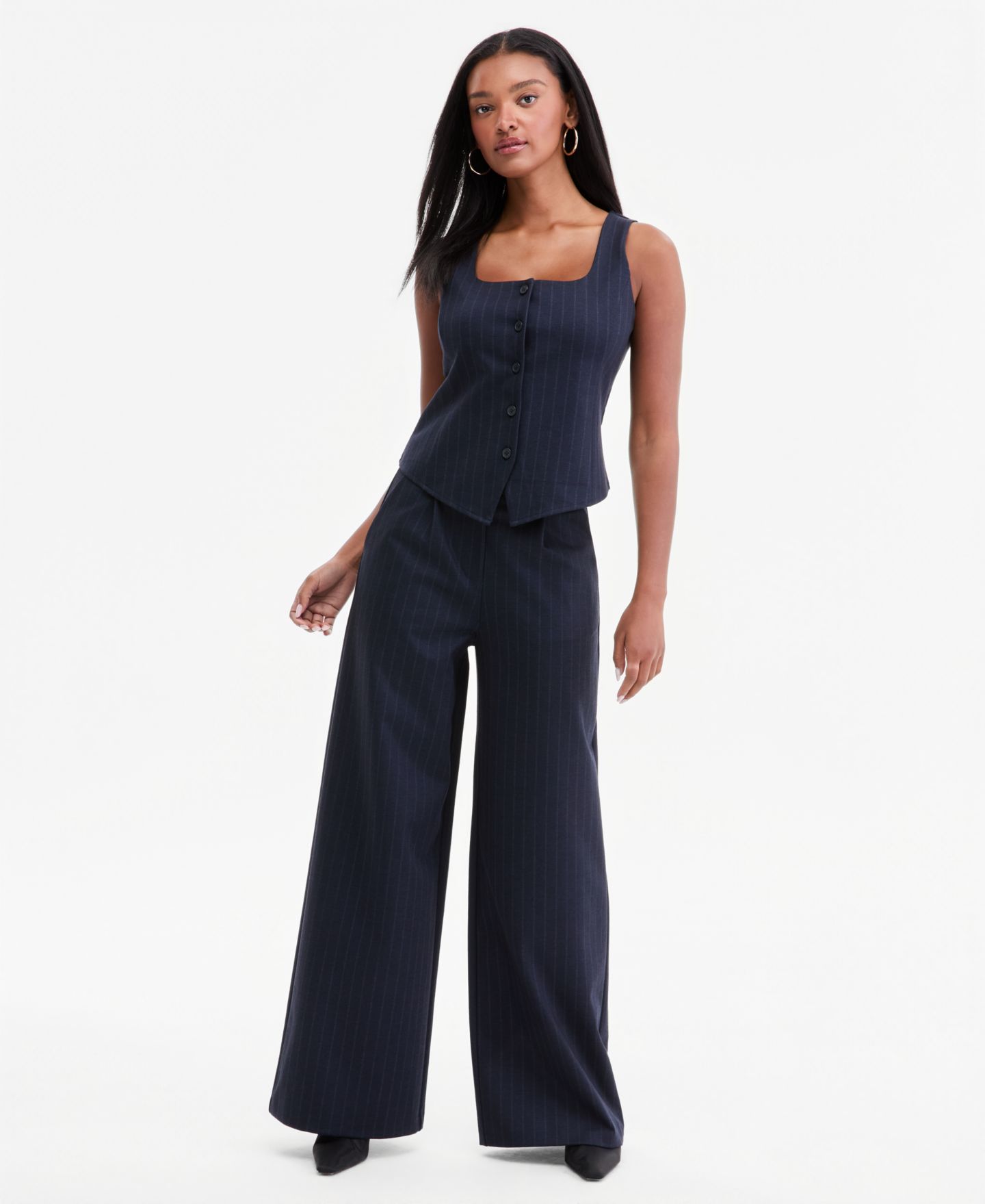 Женский жилет Bar III Pinstripe Scoop-Neck Button-Front Vest, цвет: Тёмно-синий — фото 2