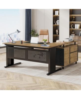 63" L-Shaped Executive Desk with File Cabinet, Drawers & Storage Shelves - Office Desk