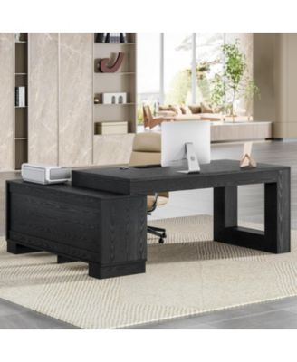 63-Inch L-Shaped Wood Executive Desk with Storage Cabinets and 2-Tier Shelf, Modern Business Workstation