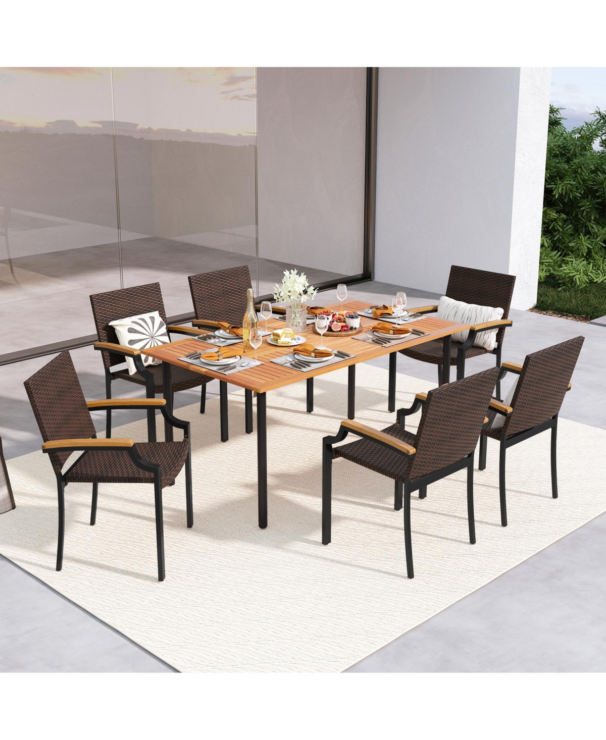 Slickblue Set of 2 Stacking Wicker Patio Dining Chairs with Acacia Armrests