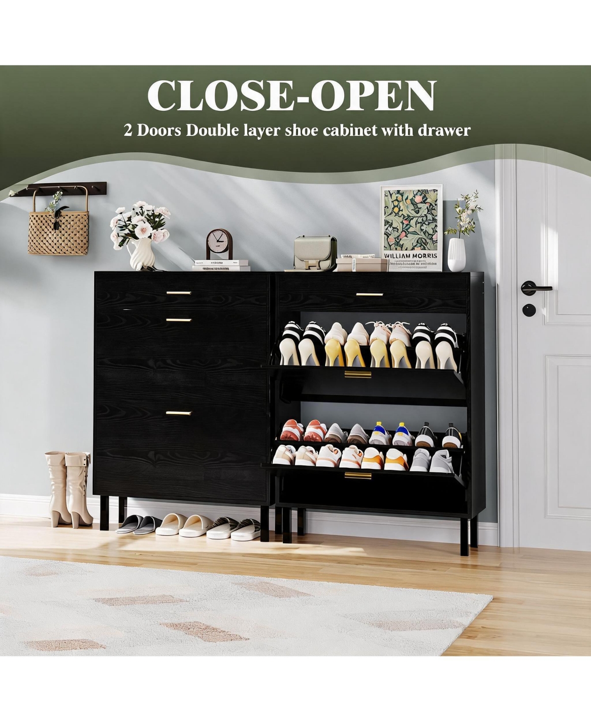 Homfan Space-Saving Shoe Storage 3 Drawers, Adjustable 3-Tier Shelves for Entryway, Hallway, Porch – Fits Slippers, Sneakers, Heels, Boots