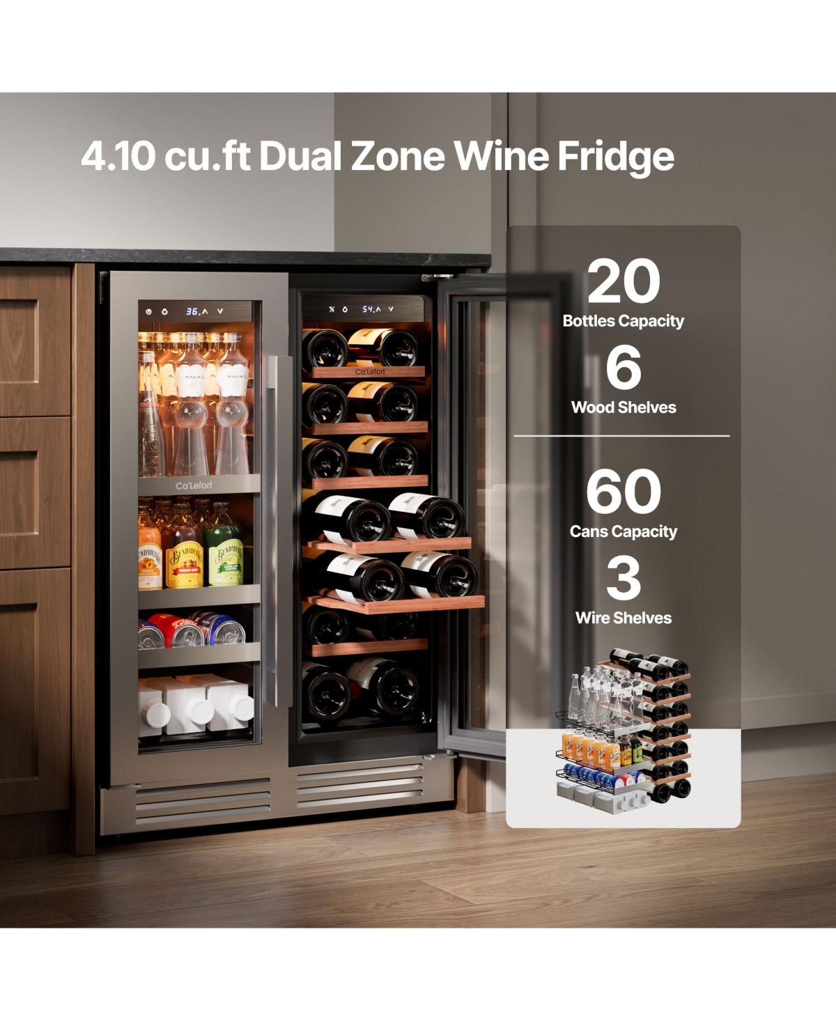 Ca'Lefort 24-inch Wine and Beverage Refrigerator, 60 Can and 20 Bottle , Dual Zone French Doors, Stainless Steel, for Home Kitchen