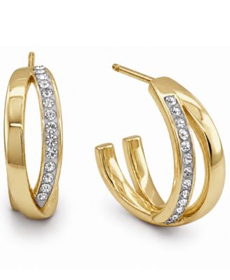 High Polished Clear Crystal Cross Over C Hoop Earring, Gold Plate and Silver Plate