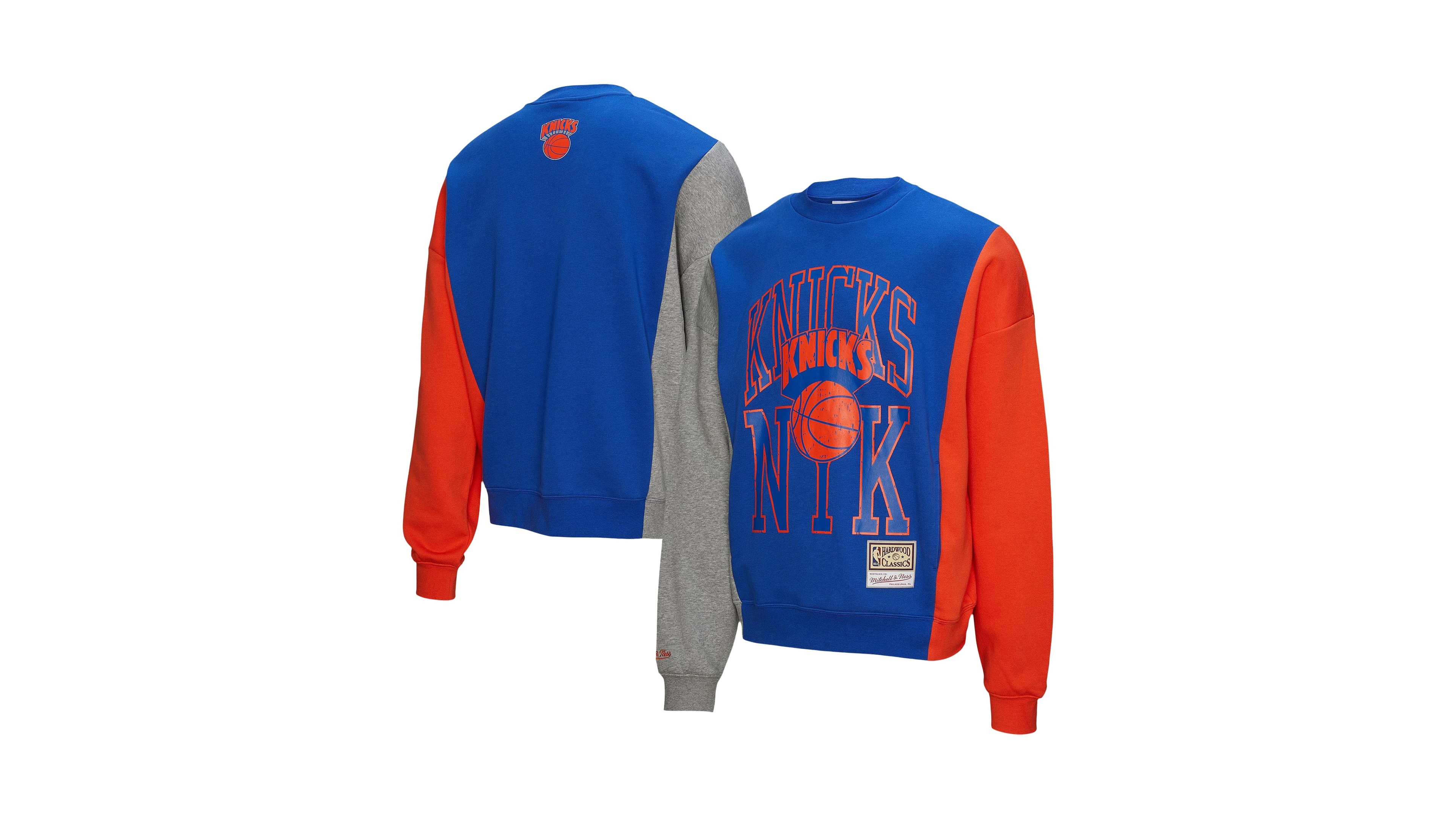Mitchell & Ness Men's and Women's Blue New York Knicks Hardwood Classics Split 3 Pullover Sweatshirt