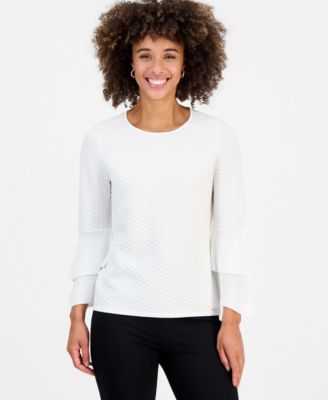 Women's Textured Knit Flared-Cuff 3/4-Sleeve Top