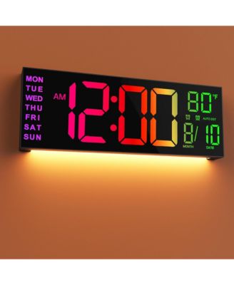 16 Inch Large Digital Wall Clock with RGB Lights Remote Control Dual Alarms Auto DST Temperature Ideal for Seniors and Classrooms
