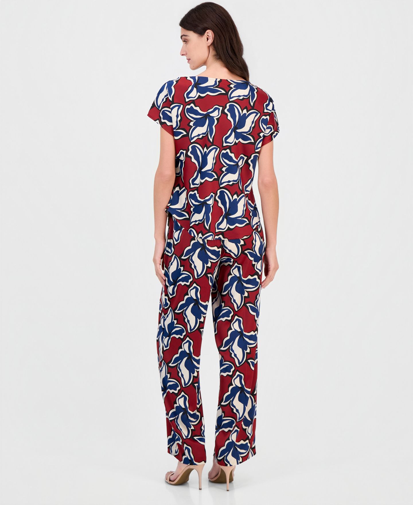 Женские брюки Anne Klein Printed Cowl-Neck Short-Sleeve Top & Printed Pull-On Wide-Leg, цвет: Ржавый разноцветный — фото 3