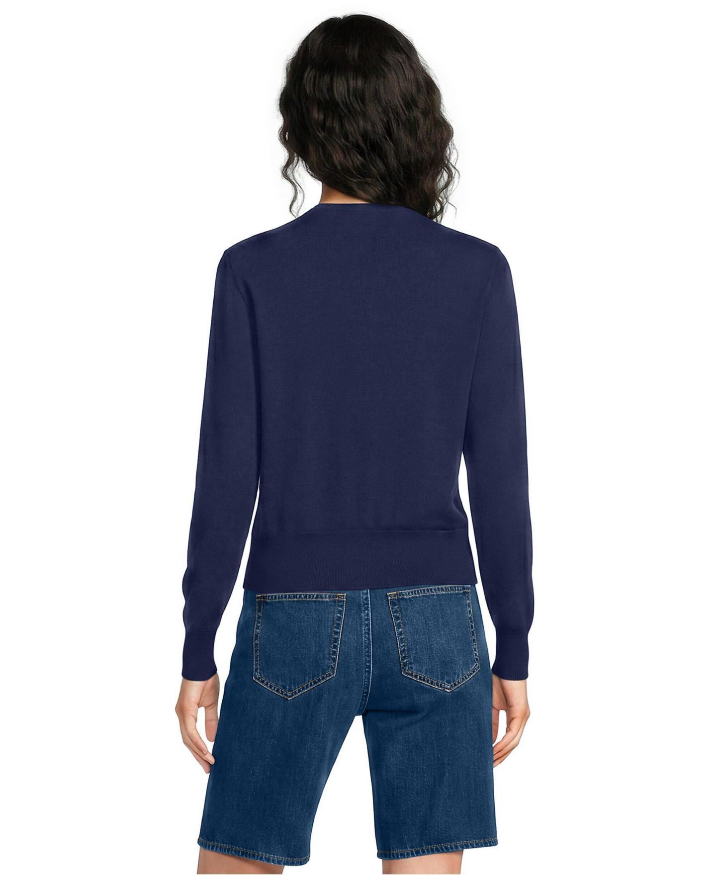 Женский кардиган Lands' End Fine Gauge Cotton Crew Cardigan, цвет: Морской тёмно-синий — фото 2