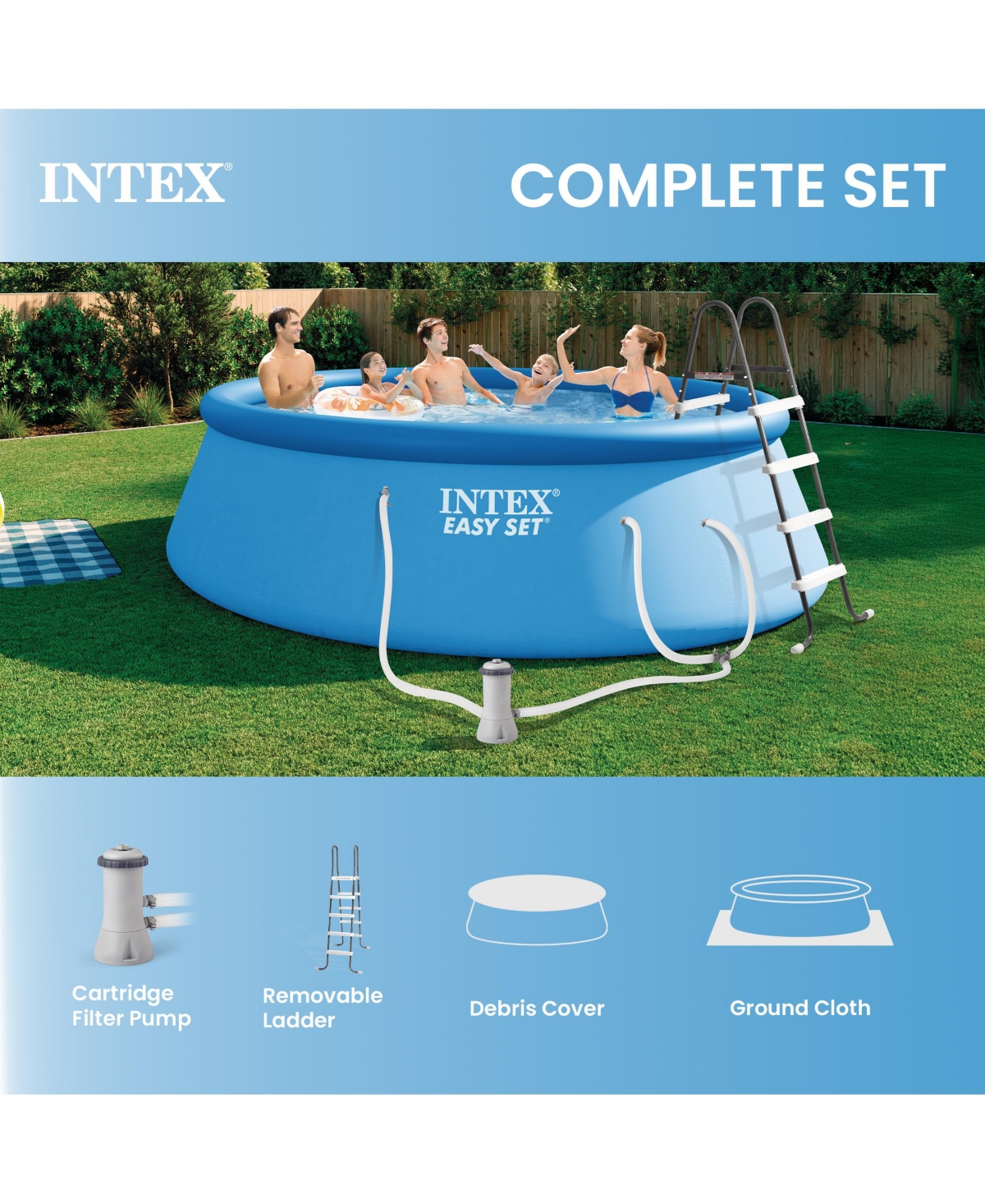 Intex 15'x48" Inflatable Pool with Ladder, Pump and Deluxe Pool Maintenance Kit